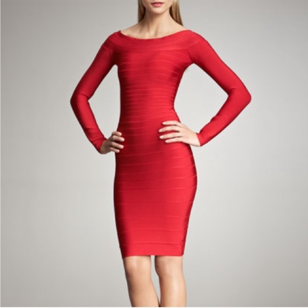 Hervé Léger “Renny” Long-Sleeve Off-Shoulder Bandage Dress – Red – XS